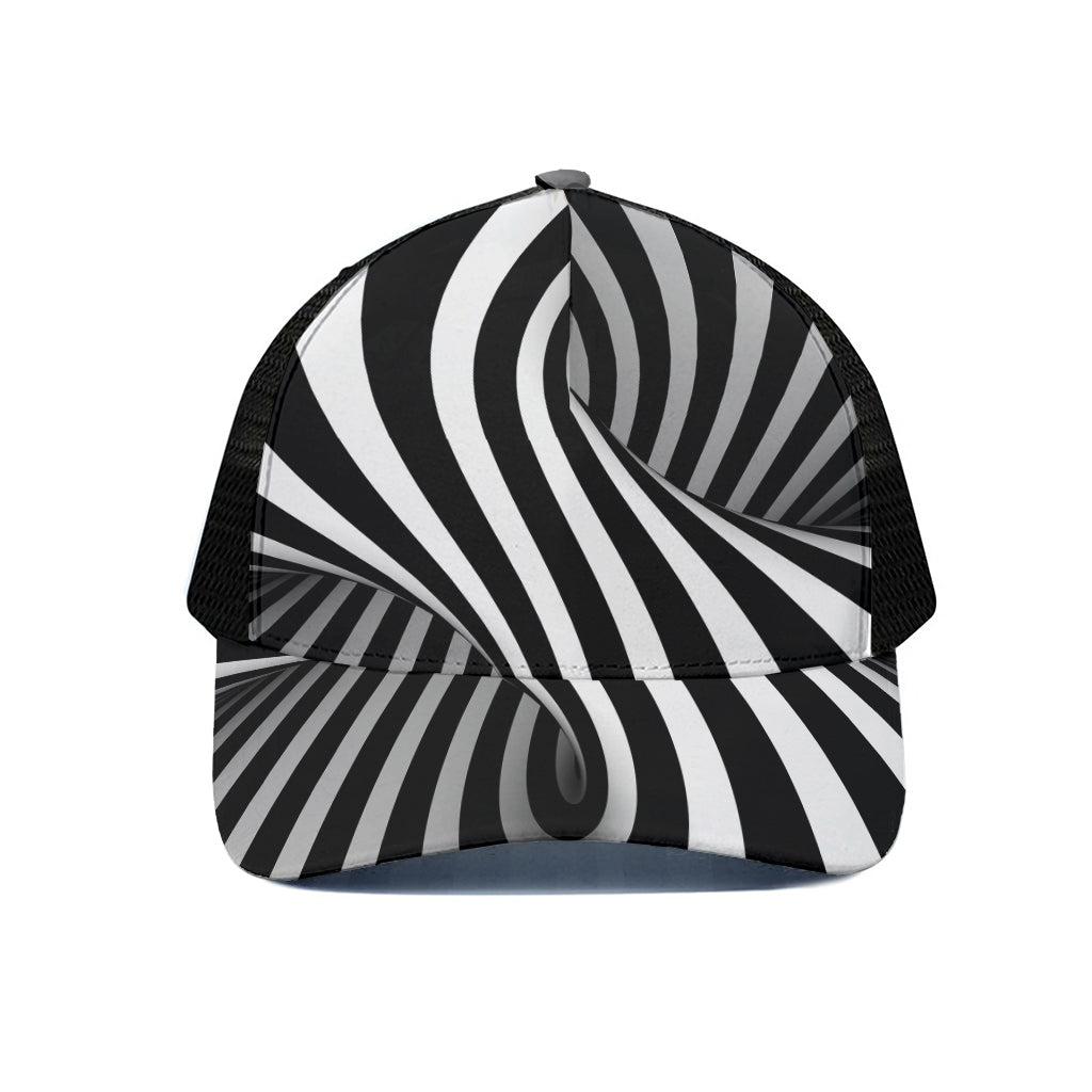 Black And White Spiral Twist Illusion Print Black Mesh Trucker Cap