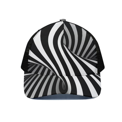 Black And White Spiral Twist Illusion Print Black Mesh Trucker Cap