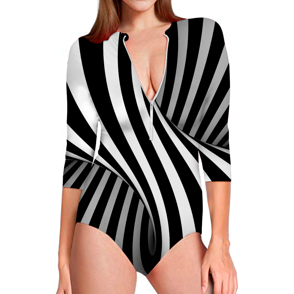 Black And White Spiral Twist Illusion Print Long Sleeve Swimsuit