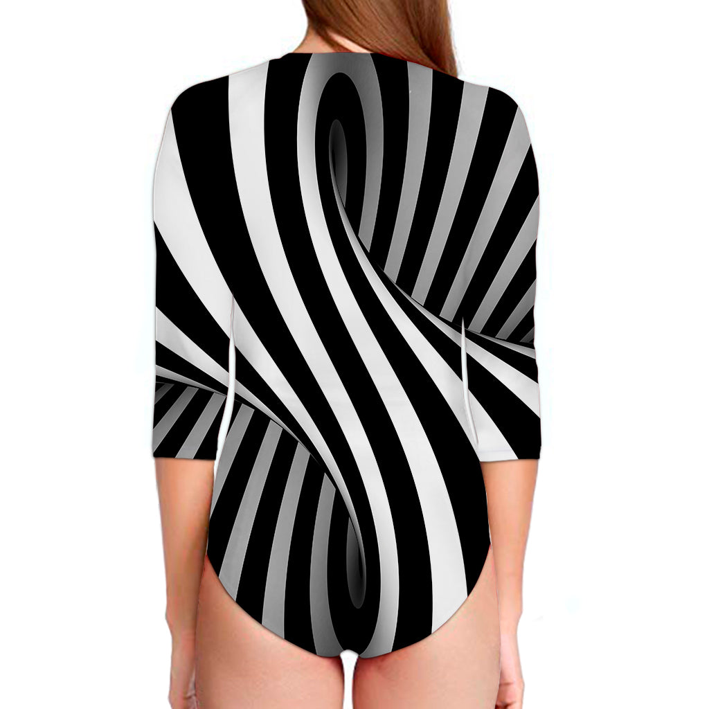 Black And White Spiral Twist Illusion Print Long Sleeve Swimsuit