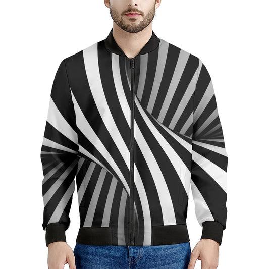 Black And White Spiral Twist Illusion Print Men's Bomber Jacket
