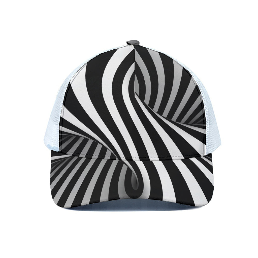 Black And White Spiral Twist Illusion Print White Mesh Trucker Cap