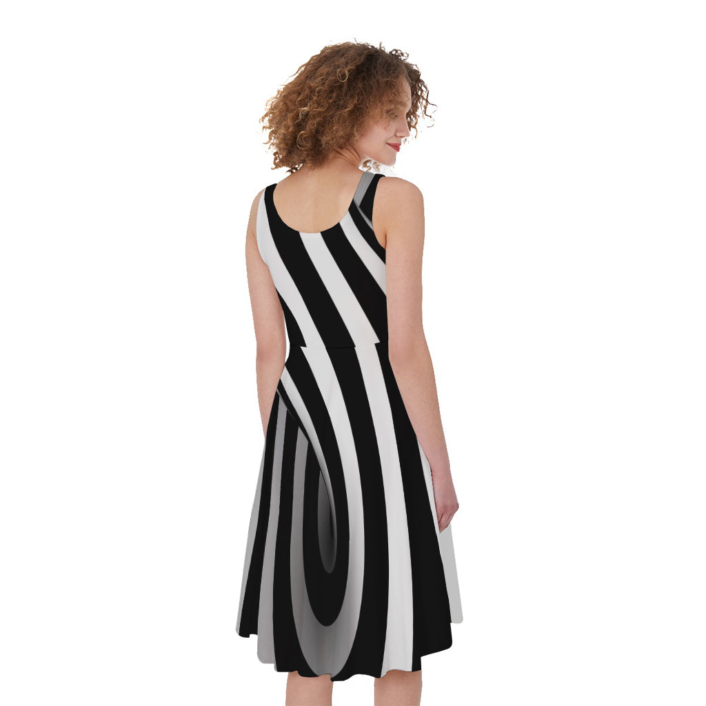 Black And White Spiral Twist Illusion Print Women's Sleeveless Dress