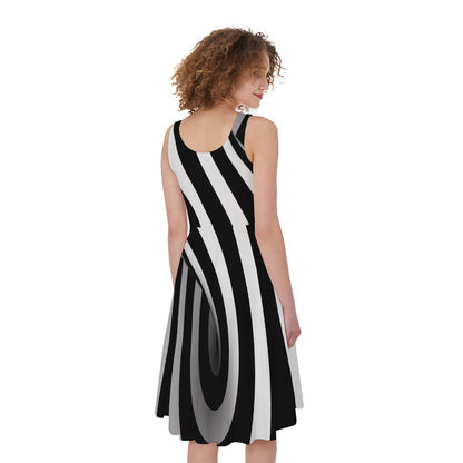 Black And White Spiral Twist Illusion Print Women's Sleeveless Dress