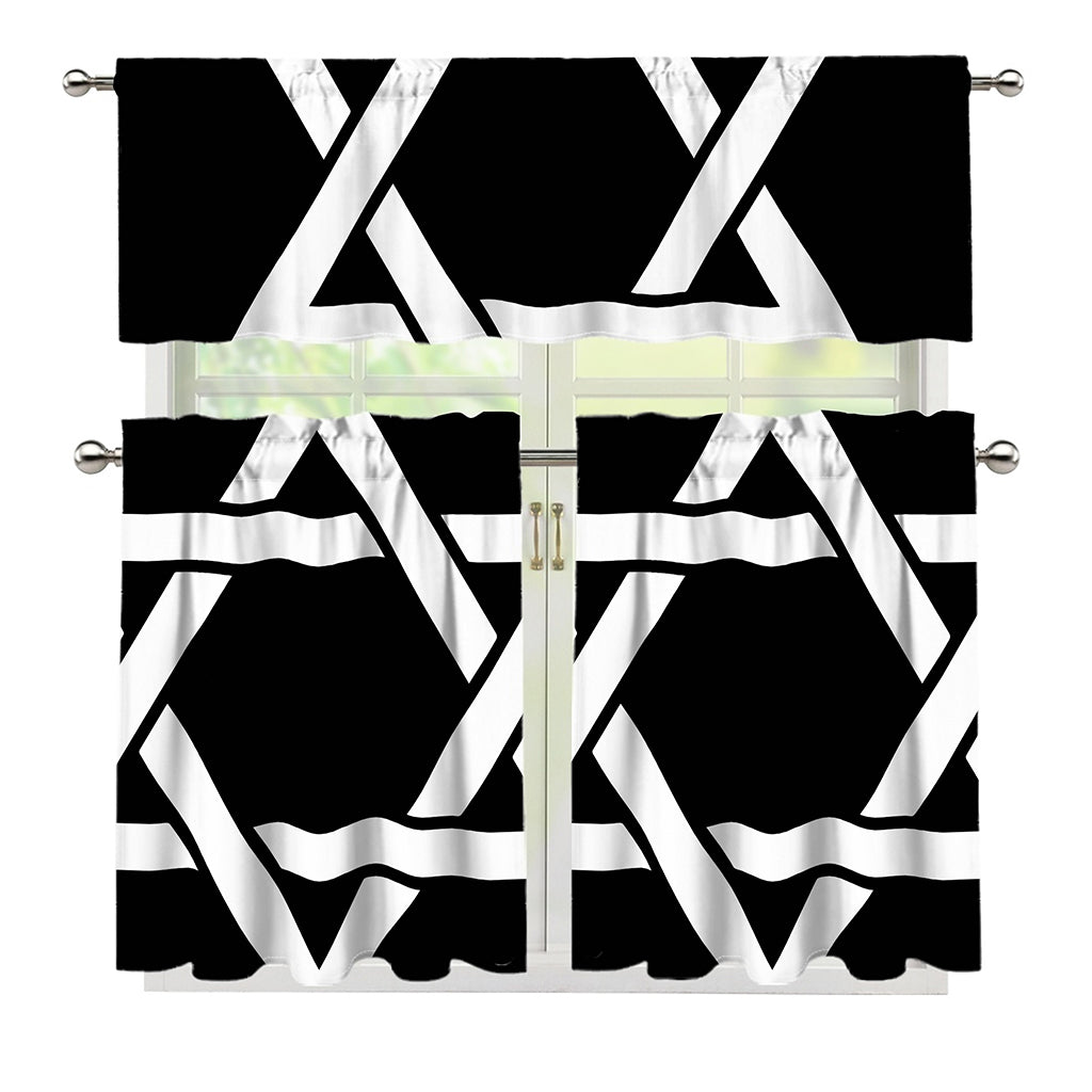 Black And White Star of David Print 3 Piece Kitchen Curtains