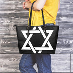 Black And White Star of David Print Leather Tote Bag