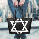 Black And White Star of David Print Leather Tote Bag