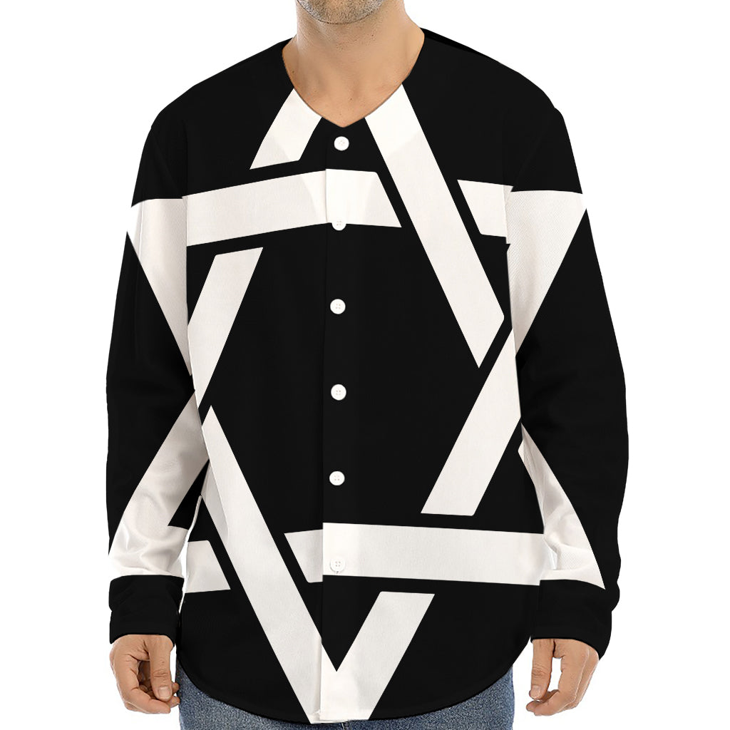 Black And White Star of David Print Long Sleeve Baseball Jersey