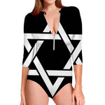 Black And White Star of David Print Long Sleeve Swimsuit