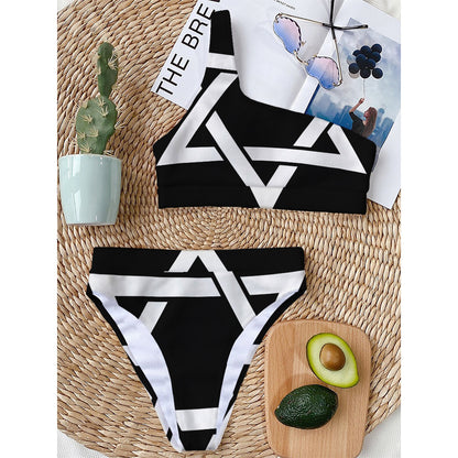 Black And White Star of David Print One Shoulder Bikini Top