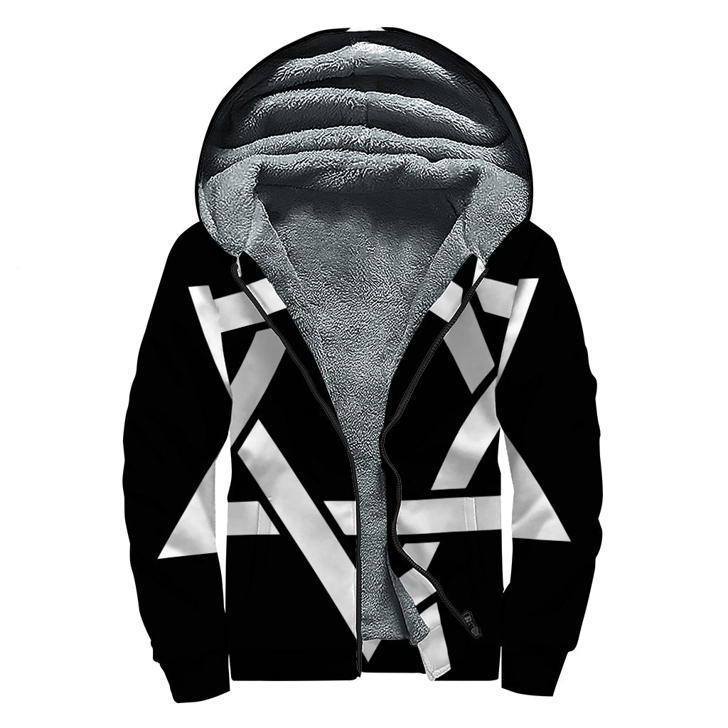 Black And White Star of David Print Sherpa Lined Zip Up Hoodie