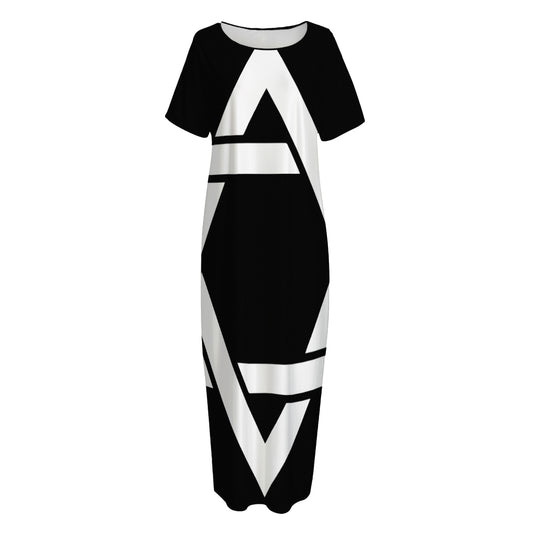 Black And White Star of David Print Short Sleeve Long Nightdress