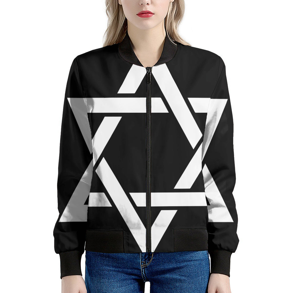 Black And White Star of David Print Women's Bomber Jacket