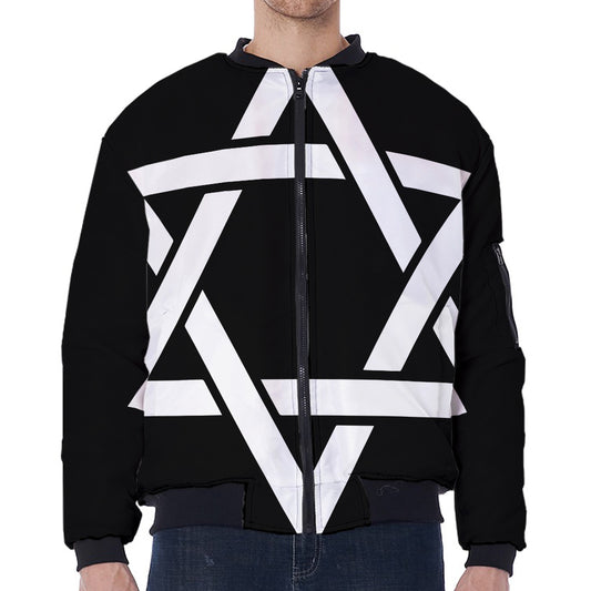Black And White Star of David Print Zip Sleeve Bomber Jacket