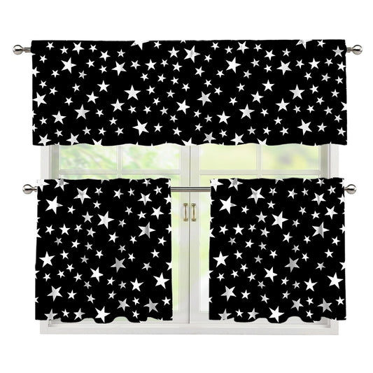 Black And White Star Pattern Print 3 Piece Kitchen Curtains