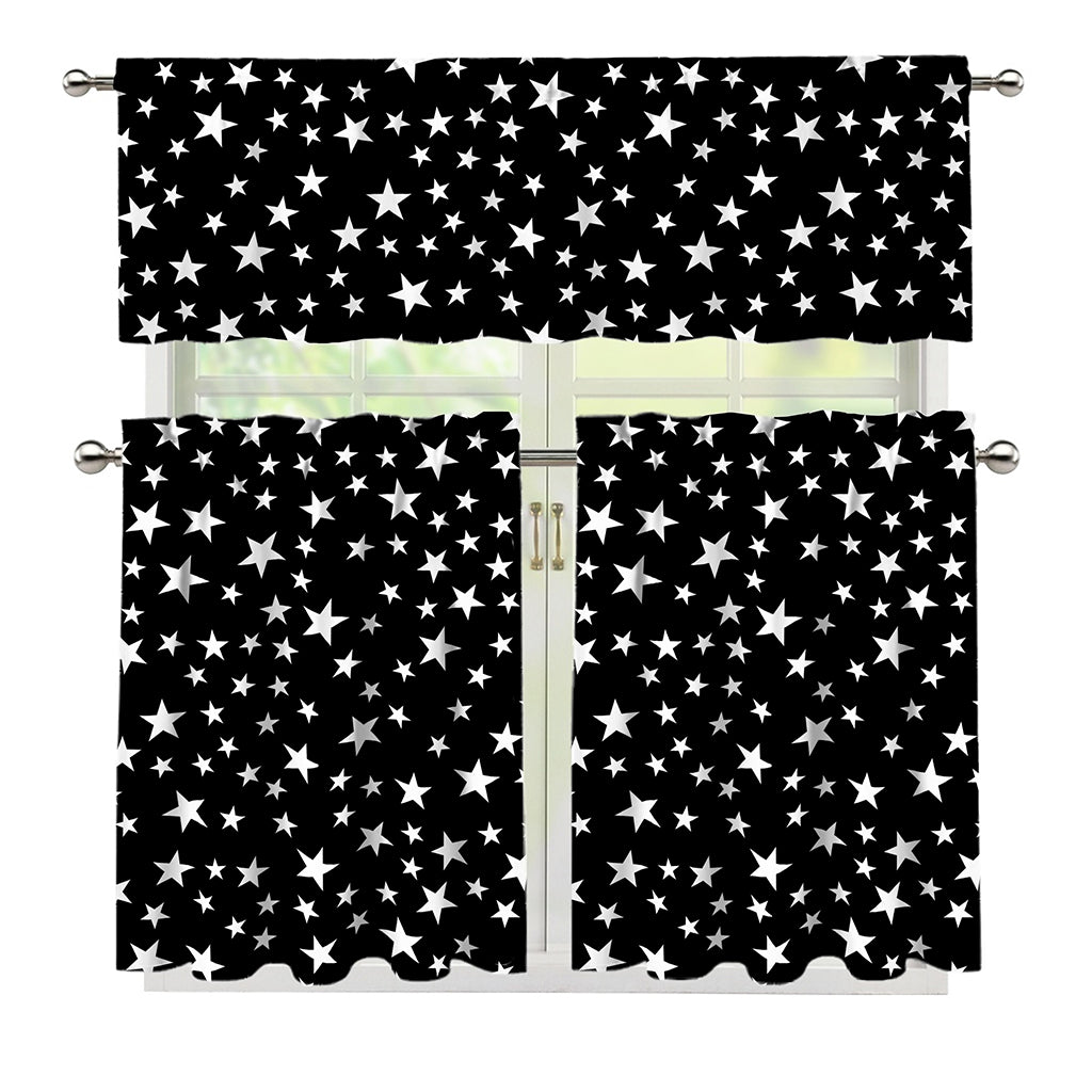 Black And White Star Pattern Print 3 Piece Kitchen Curtains