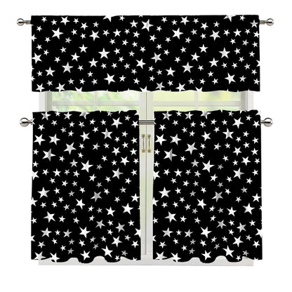 Black And White Star Pattern Print 3 Piece Kitchen Curtains