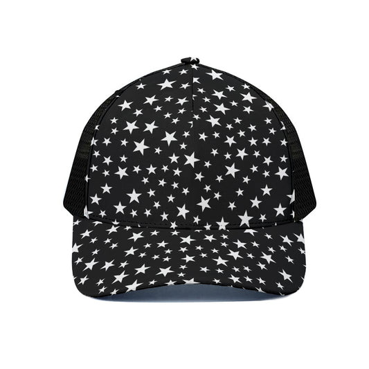 Black And White Star Pattern Print Black Mesh Trucker Cap