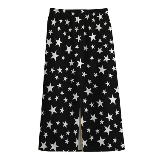 Black And White Star Pattern Print Cotton Front Slit Maxi Skirt