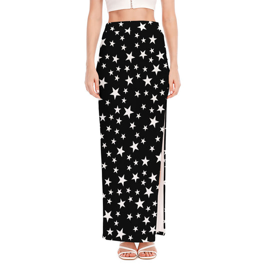 Black And White Star Pattern Print High Slit Maxi Skirt