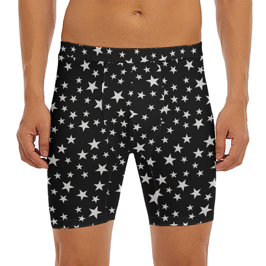 Black And White Star Pattern Print Men's Long Boxer Briefs