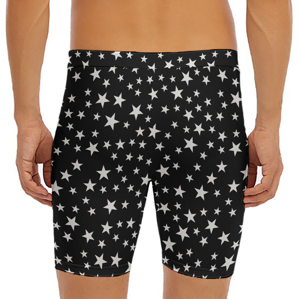 Black And White Star Pattern Print Men's Long Boxer Briefs