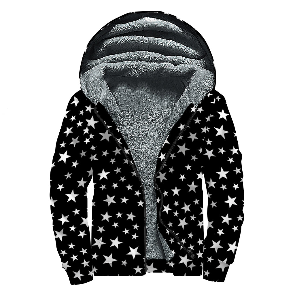 Black And White Star Pattern Print Sherpa Lined Zip Up Hoodie