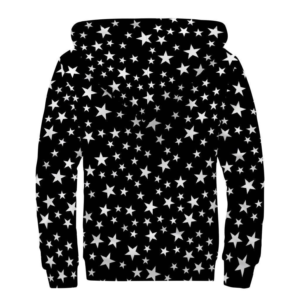 Black And White Star Pattern Print Sherpa Lined Zip Up Hoodie