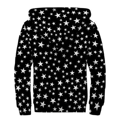 Black And White Star Pattern Print Sherpa Lined Zip Up Hoodie