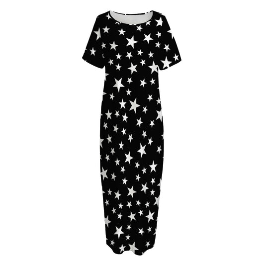 Black And White Star Pattern Print Short Sleeve Long Nightdress