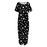 Black And White Star Pattern Print Short Sleeve Long Nightdress