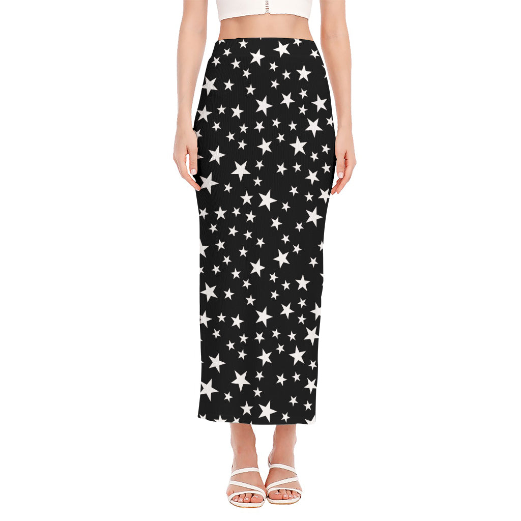 Black And White Star Pattern Print Side Slit Maxi Skirt