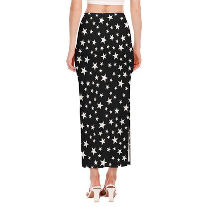 Black And White Star Pattern Print Side Slit Maxi Skirt