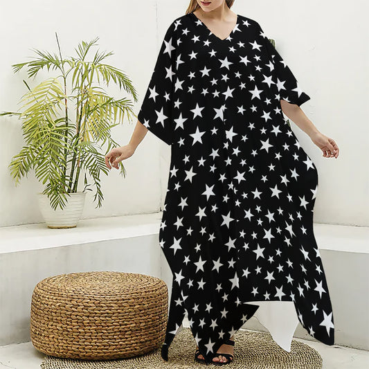 Black And White Star Pattern Print Silk V-Neck Kaftan Dress