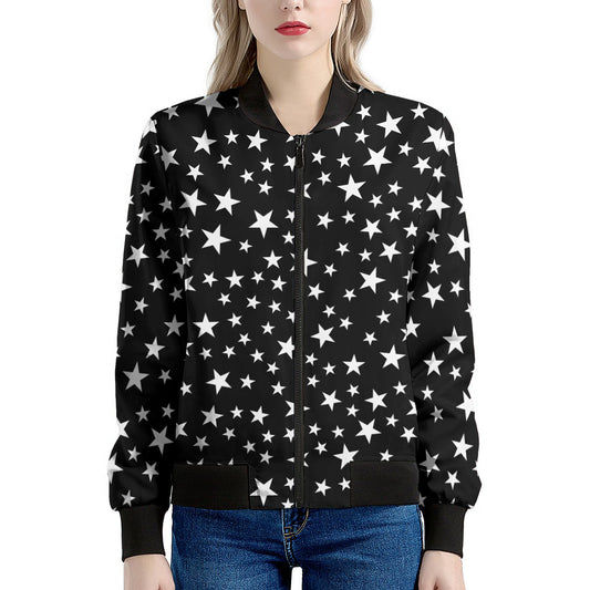 Black And White Star Pattern Print Women's Bomber Jacket