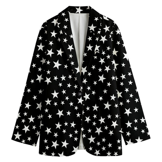 Black And White Star Pattern Print Women's Cotton Blazer