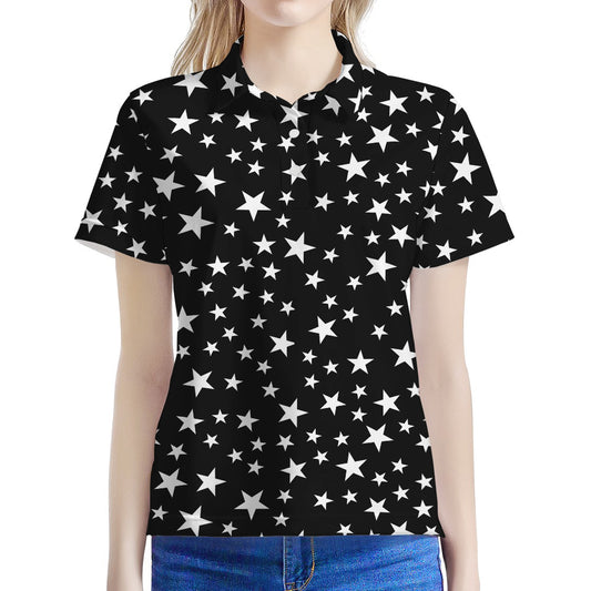 Black And White Star Pattern Print Women's Polo Shirt