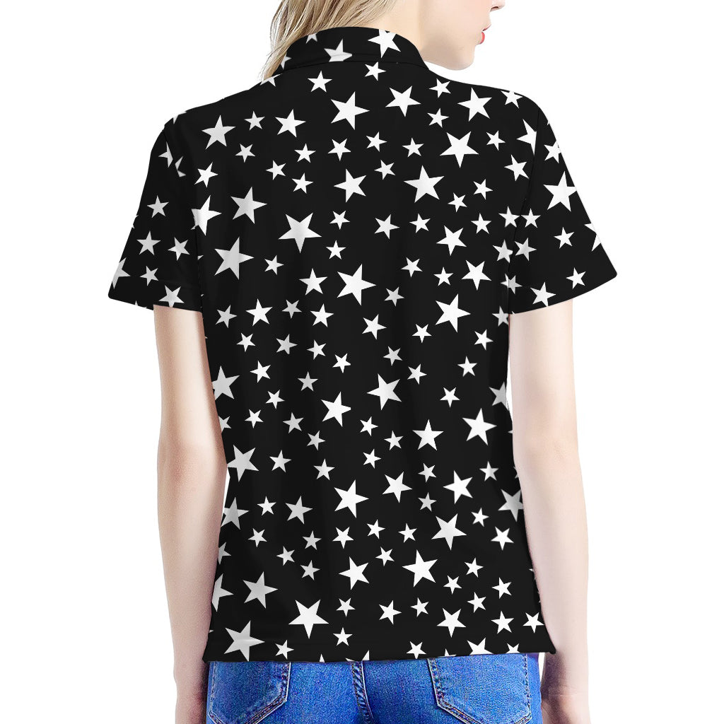 Black And White Star Pattern Print Women's Polo Shirt