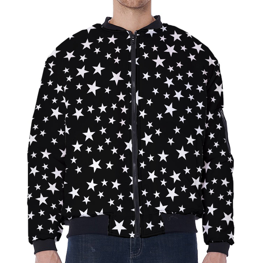 Black And White Star Pattern Print Zip Sleeve Bomber Jacket