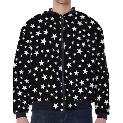 Black And White Star Pattern Print Zip Sleeve Bomber Jacket