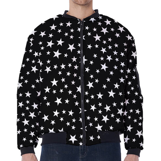 Black And White Star Pattern Print Zip Sleeve Bomber Jacket