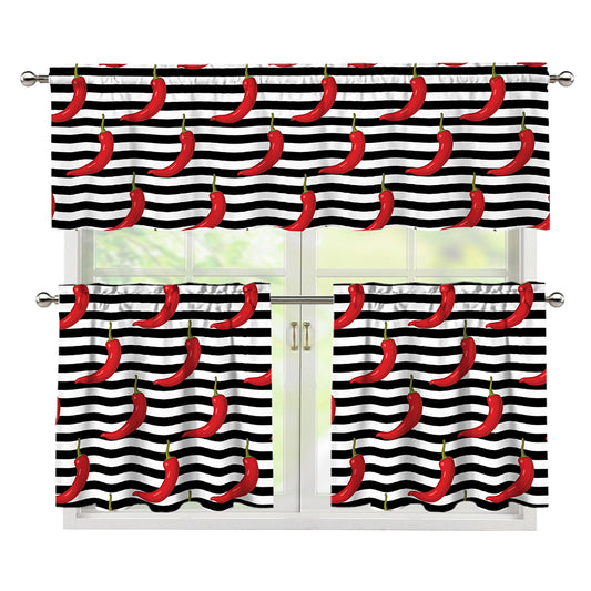 Black And White Striped Chili Print 3 Piece Kitchen Curtains
