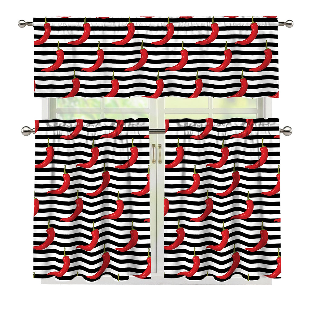 Black And White Striped Chili Print 3 Piece Kitchen Curtains