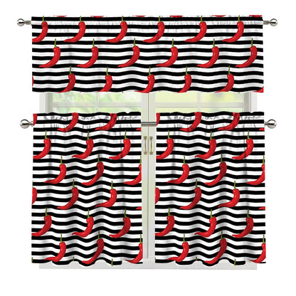 Black And White Striped Chili Print 3 Piece Kitchen Curtains