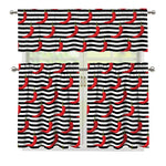 Black And White Striped Chili Print 3 Piece Kitchen Curtains