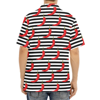 Black And White Striped Chili Print Aloha Shirt