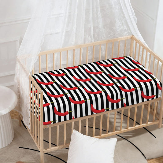 Black And White Striped Chili Print Baby Crib Sheet
