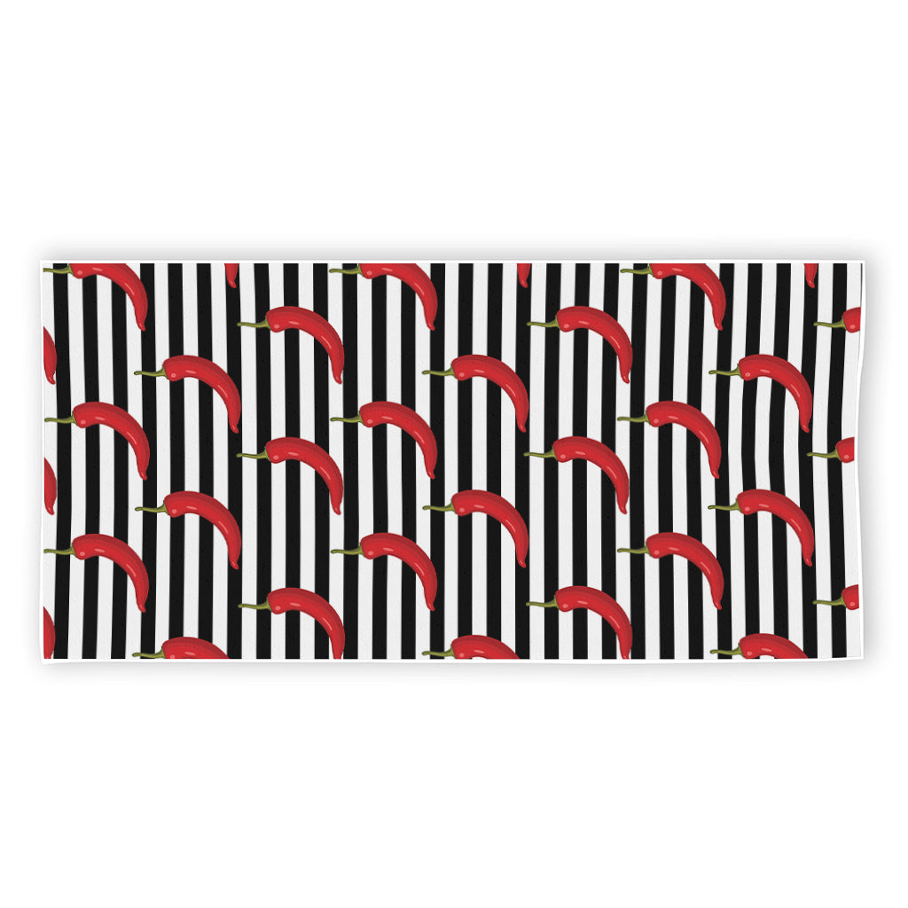 Black And White Striped Chili Print Beach Towel