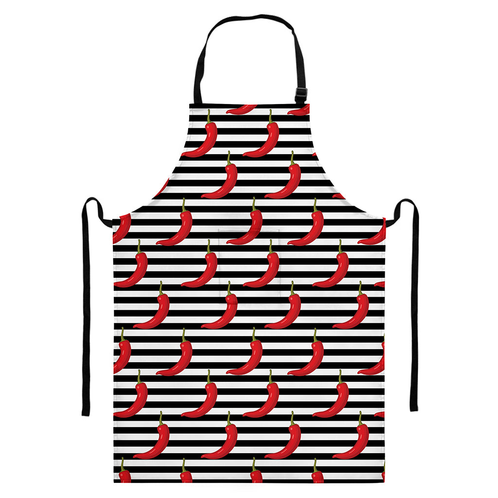 Black And White Striped Chili Print Bib Apron With Pocket