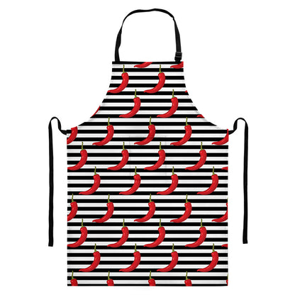 Black And White Striped Chili Print Bib Apron With Pocket